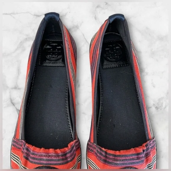 Tory Burch Raymond Canvas Flats Black Patent Logo Slip Ons Red White Blue Size 8 - Picture 5 of 13